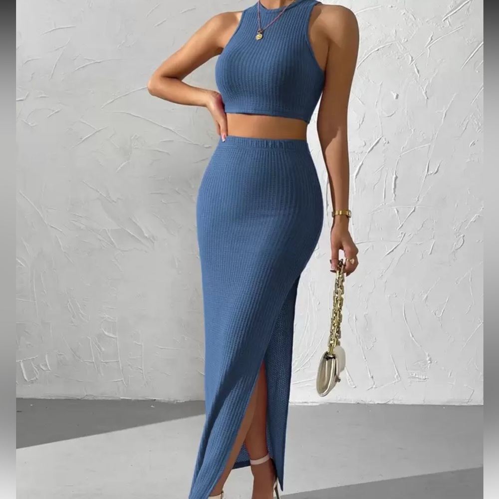 Waffle knit crop cami top and split thigh skirt